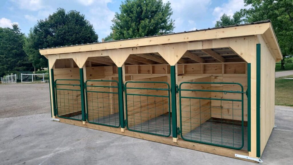 8 ft x 20ft wooden Shed with 4 stalls and an open front with metal gates as doors for each stall
