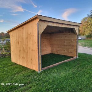 10ft x 20ft Horse shelter wooden siding with a slanted roof and an opening on one side, 3 sides are enclosed