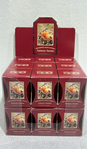 Red display box with 18 individual boxes of Autumn Avenue scented votive candles. Each box has a picture of a kid's little red wagon with 3 various size pumpkins in the wagon. The wagon is near a sidewalk that is covered with fall leaves