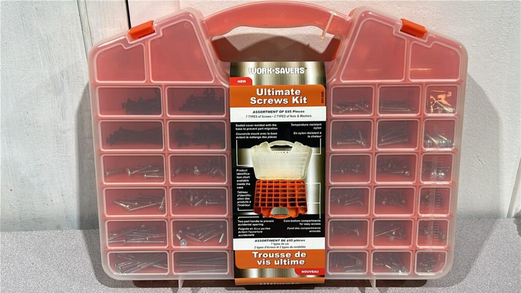 Ultimate Screws kit- Red Plastic container with small compartments filled with various size screws with a clear plastic lid