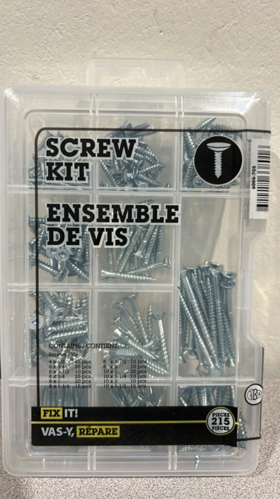 assorted size screws in a clear container with compartments for each size.