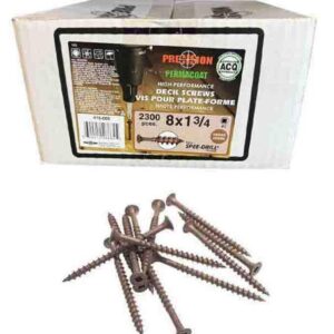 box of 1 3/4 inch precision deck screws - approximately 2300 pieces. Some screws in front of the box to show the style and size