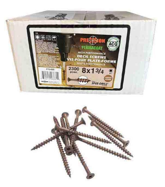 box of 1 3/4 inch precision deck screws - approximately 2300 pieces. Some screws in front of the box to show the style and size