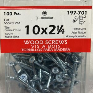 Clear container with screws in it. Label reads 10 x 2 1/4 inch wood screws - 100 pieces