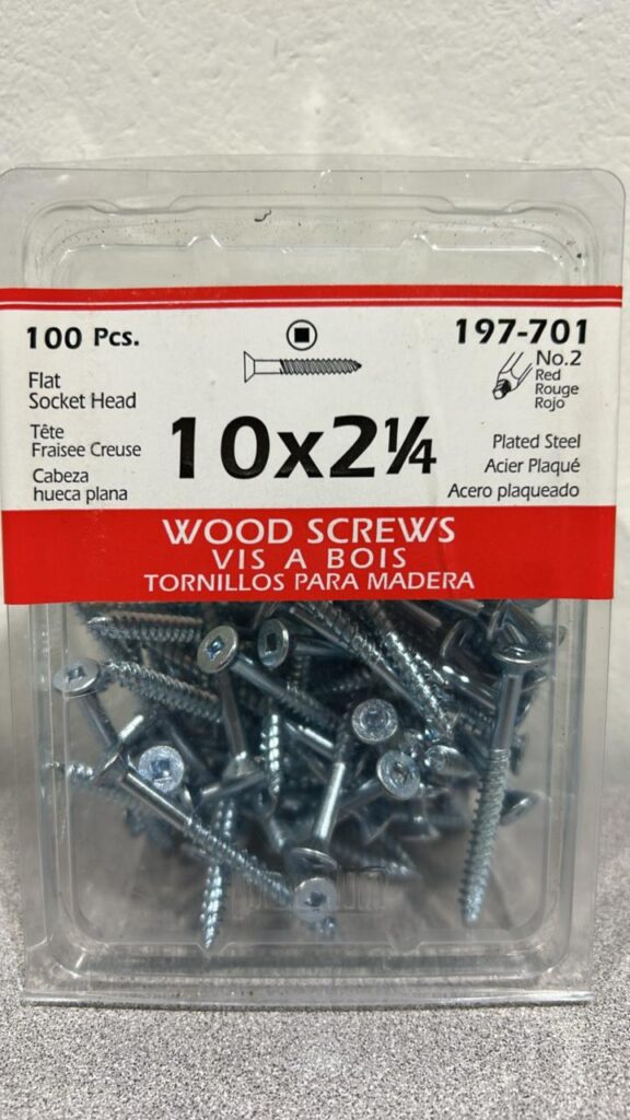 Clear container with screws in it. Label reads 10 x 2 1/4 inch wood screws - 100 pieces