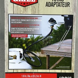 BBQ Adapter box with details of the product including that it can be attached to a 20lb propane tank and a 1lb regulator on a tale top Portable BBQ